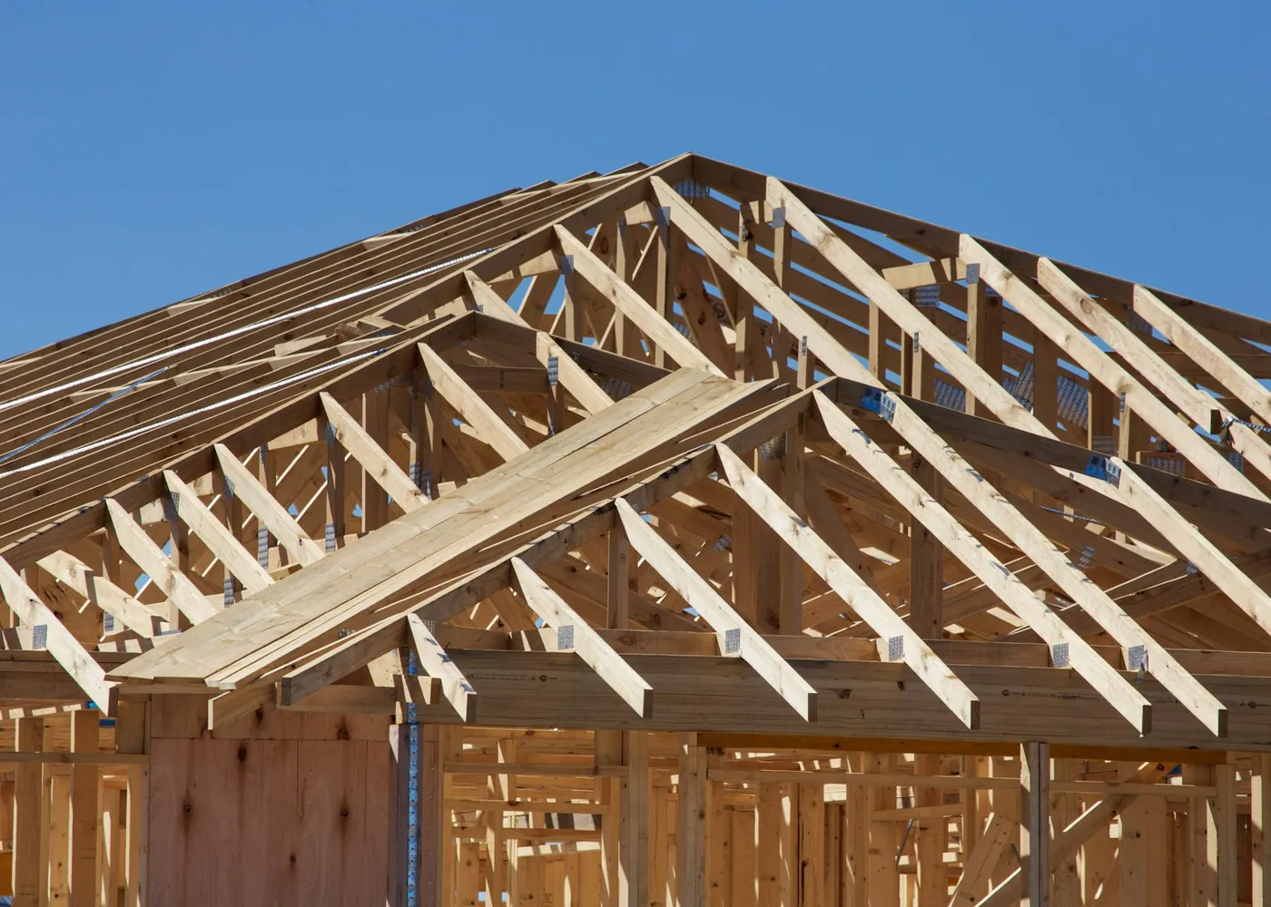 Wood roof trusses on a new home under construction